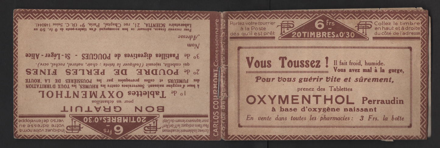 Lot 5 Algeria SC#16a 30c Light Blue Liberty & Scales, 1924-1926 Overprinted French Liberty & Peace Issues, A Fine Disturbed Gum Booklet Of 10, Stuck Down Pane, Decorative Border, Containing Ad For Gibbs Beauty Cream