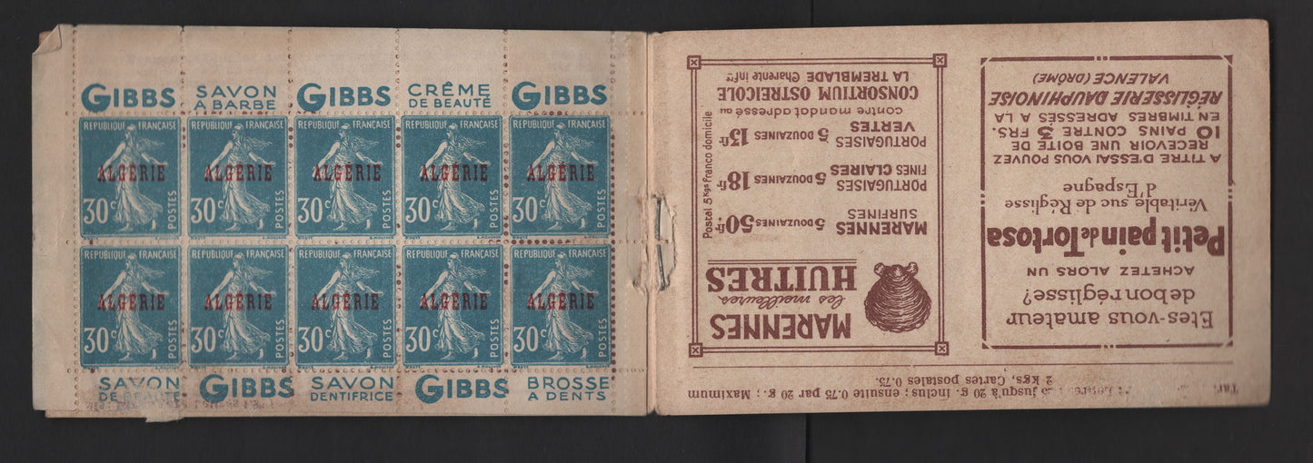 Lot 5 Algeria SC#16a 30c Light Blue Liberty & Scales, 1924-1926 Overprinted French Liberty & Peace Issues, A Fine Disturbed Gum Booklet Of 10, Stuck Down Pane, Decorative Border, Containing Ad For Gibbs Beauty Cream
