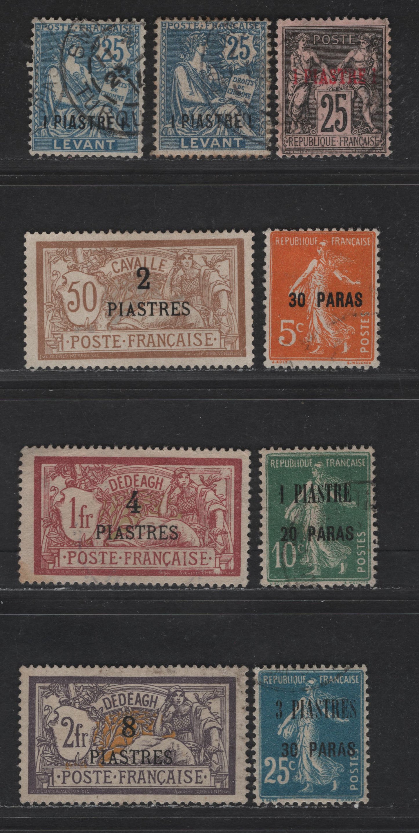 Lot 60 French Offices Abroad - Turkey SC#2, 34-35, 37-38, 41, 43-44 1pi on 25c - 3pi30pa on 25c Black & Rose - Blue Liberty & Commerce - Sower, 1902-1922 Surcharged Issues, 8 Fine/Very Fine Used Singles