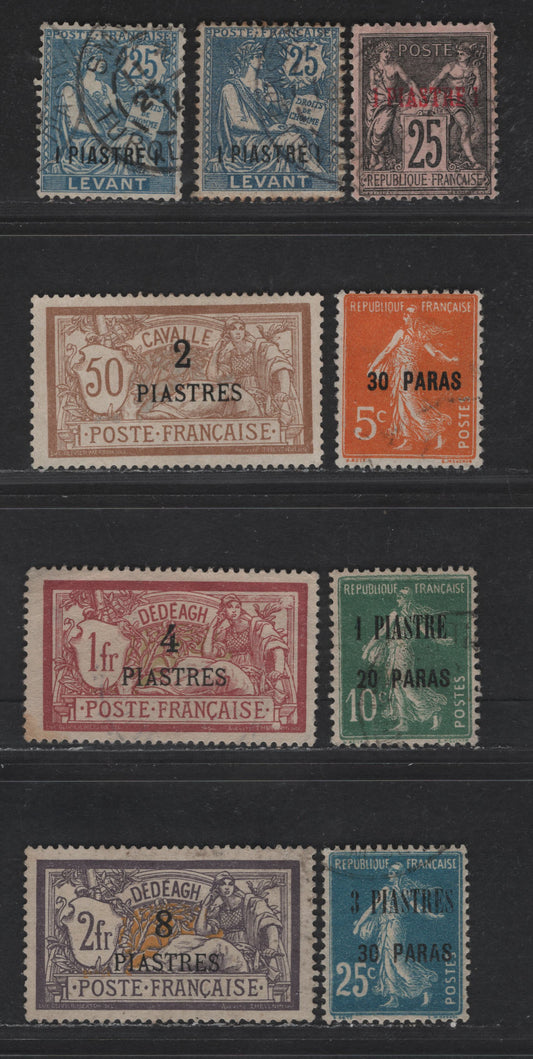 Lot 60 French Offices Abroad - Turkey SC#2, 34-35, 37-38, 41, 43-44 1pi on 25c - 3pi30pa on 25c Black & Rose - Blue Liberty & Commerce - Sower, 1902-1922 Surcharged Issues, 8 Fine/Very Fine Used Singles