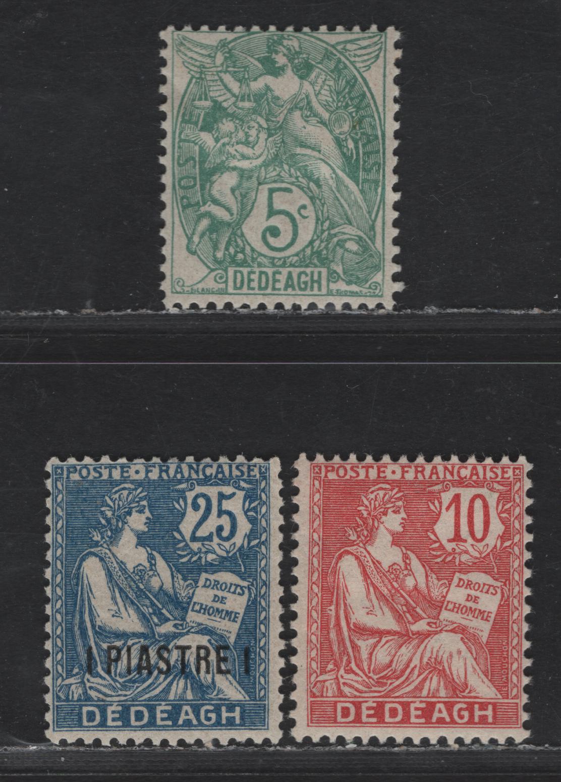 Lot 63 French Offices Abroad - Dedeagh SC#9-10, 15 5c - 1pi on 25c Green - Blue Liberty & Rights Of Man, 1902-1903 Overprinted Issue, 3 FOG Singles
