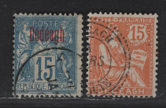 Lot 64 French Offices Abroad - Dedeagh SC#4, 11 15c Blue - Orange Peace & Commerce - Liberty & Rights Of Man, 1893-1903 Overprinted Issue, 2 Fine Used Singles