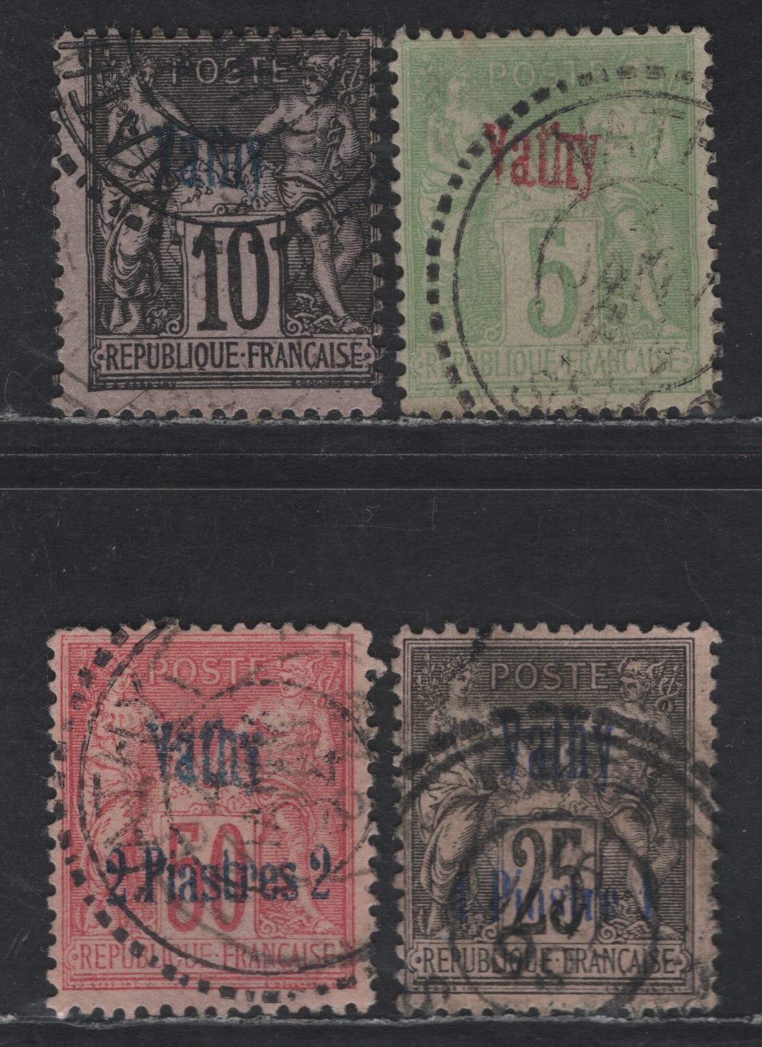 Lot 65 French Offices Abroad - Vathy (Samoa) SC#2-3, 5-6 5c - 2pi on 50c Yellow Green - Carmine Rose Peace & Commerce, 1894-1900 Overprinted Issue, 4 Fine Used Singles, 5c Is Type 1