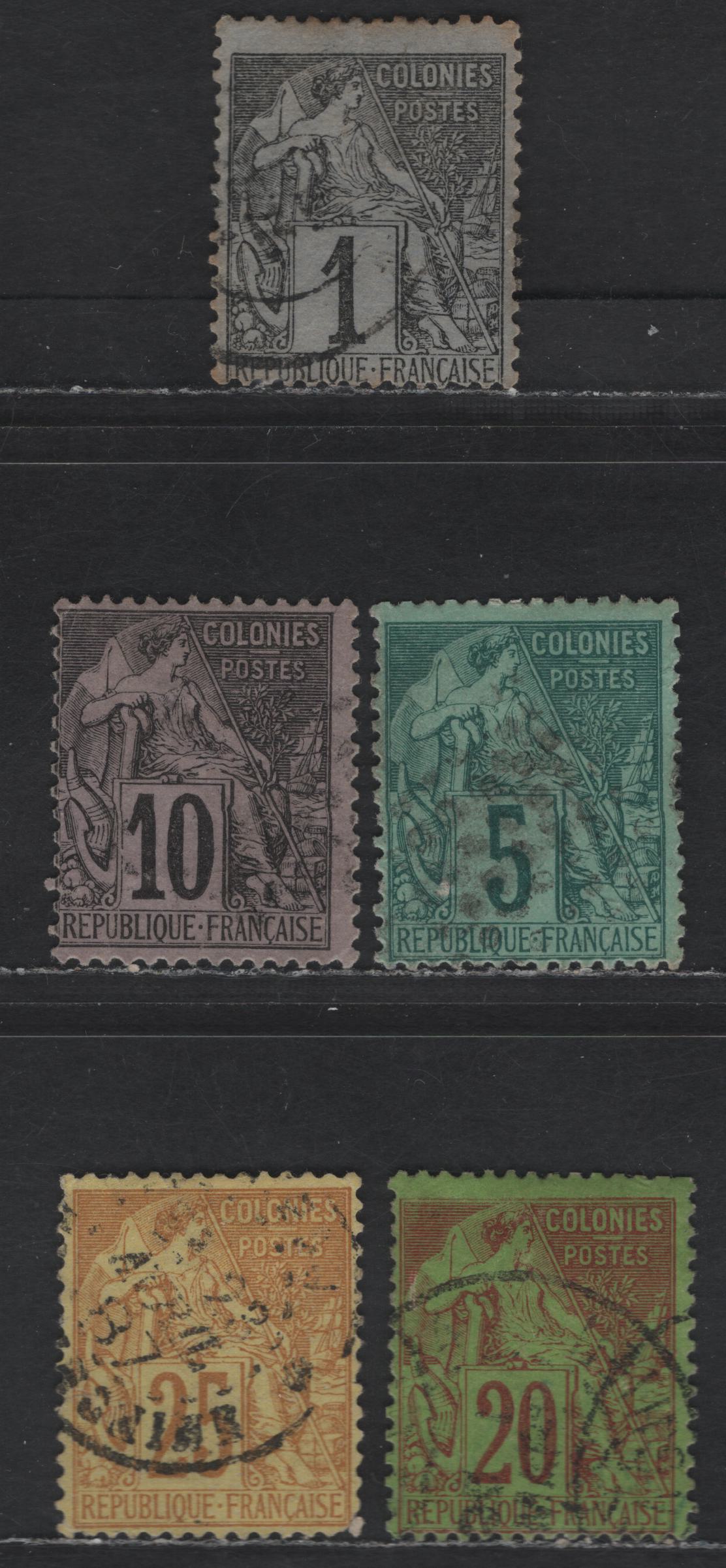 Lot 66 French Colonies SC#46, 49-50, 52 1c - 25c Black on Lilac Blue - Yellow on Straw Commerce, 1881-1886 Pictorial Issue, 4 Very Good/Fine Used Singles