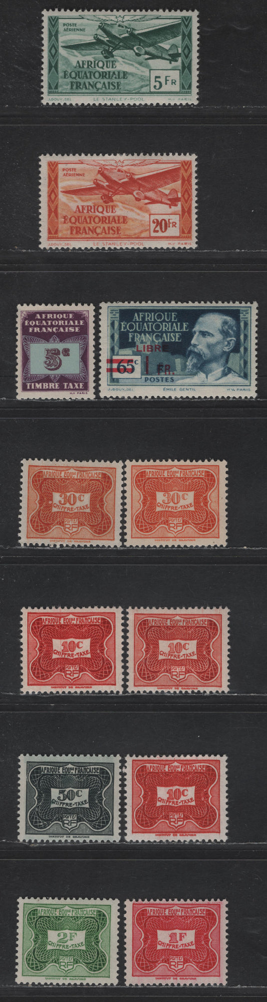Lot 67 French Equatorial Africa SC#127, C23F, C23K, J1, J12-J16 1fr on 65c - 2fr Dark Blue & Light Green - Emerald Navigation & Commerce - Numeral, 1940-1947 Quebec Libre Overprint - Postage Due Issues, 12 VFOG/NH Singles