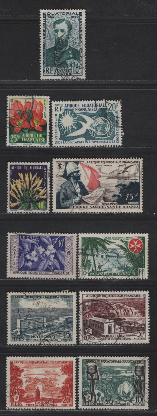 Lot 68 French Equatorial Africa SC#85, 189-194, 200-202, C35 10fr - 20fr Indigo & Dark Green - Prussian Green & Dark Blue People of Chad - Brazza & Map, 1951-1959 Birth Centenary Of Pierre Savorgnan - Human Rights Issues, 11 Very Fine Used Singles