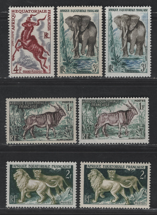 Lot 69 French Equatorial Africa SC#195-198 1fr - 4fr Multicolored Giant Eland - Greater Kudu, 1957 Wildlife Issue, 7 VFOG Singles, 1fr, 2F & 3f On High Fluorescent Paper, 2fr, 3fr on Dull Fluorescent, 4fr on Low Fluorescent Papers