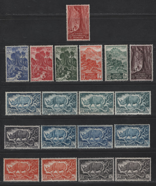 Lot 70 French Equatorial Africa SC#166-172, 174-175, 177 10c - 3.60fr Deep Blue - Red Brown Black Rhino & Rock Python - Gabon Forest, 1946 Pictorial Issue, 19 VFOG Singles, Shade Variations