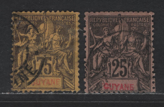 Lot 71 French Guiana SC#42, 48 25c - 75c Black on Rose - Deep Violet on Orange Navigation & Commerce, 1892-1904 Pictorial Issue, 2 Very Good/Fine Used SIngles, Small Crease of 75c