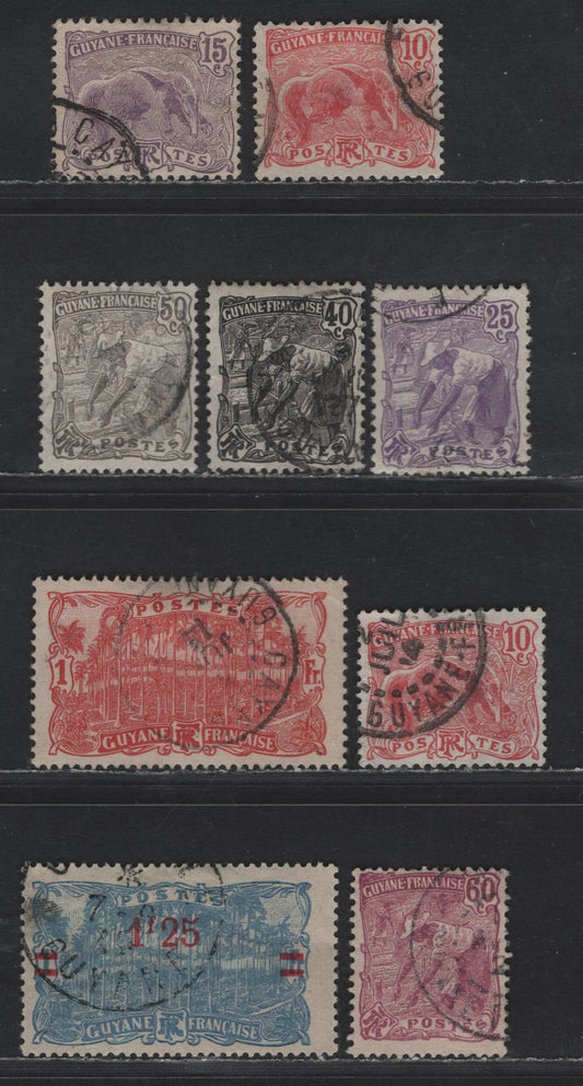 Lot 72 French Guiana SC#56, 59, 62, 69, 73-74, 78, 106 10c - 1.25fr on 1fr Rose - Ultramarine Great Anteater - Palm Grove at Cayenne, 1905-1928 Pictorial Definitive Issues, 9 Fine/Very Fine Used Singles, Two Shades Of 10c