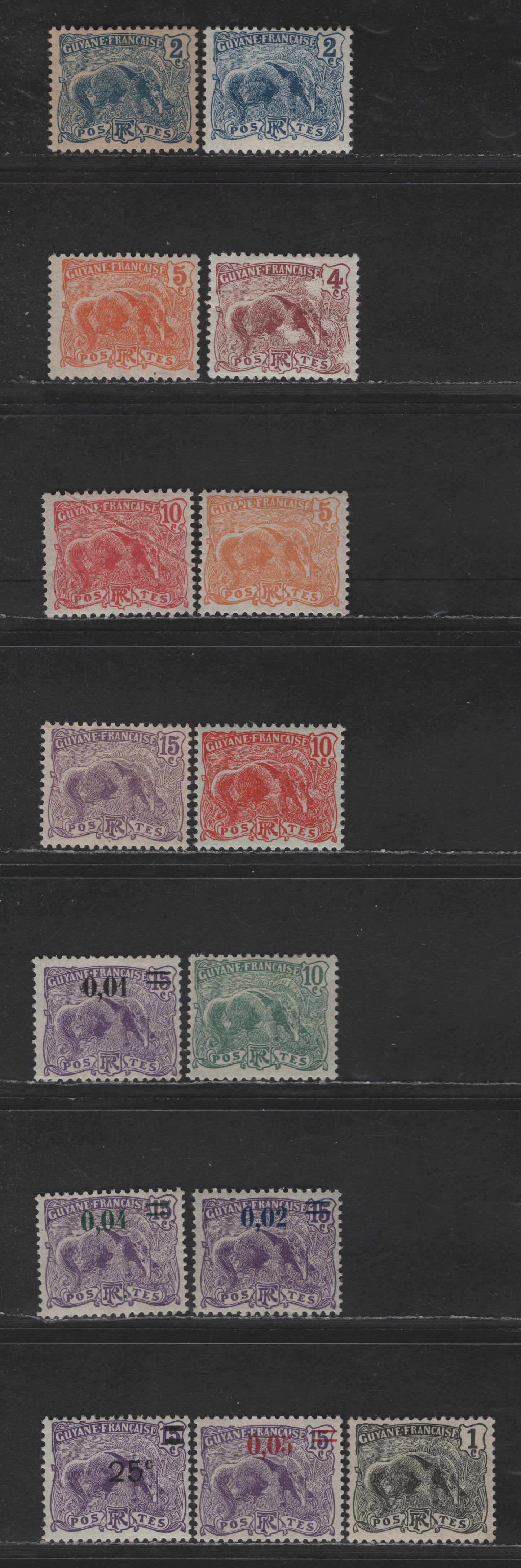 Lot 73 French Guiana SC#51-53, 56-59, 94-97, 100 1c - 25c on 15c Black - Violet Great Anteater, 1905-1928 Pictorial Definitive Issues, 15 F/VFOG Singles, Additional Shade Varieties, Line Of Discoloration on 10c Rose Which Is Not A Cancel