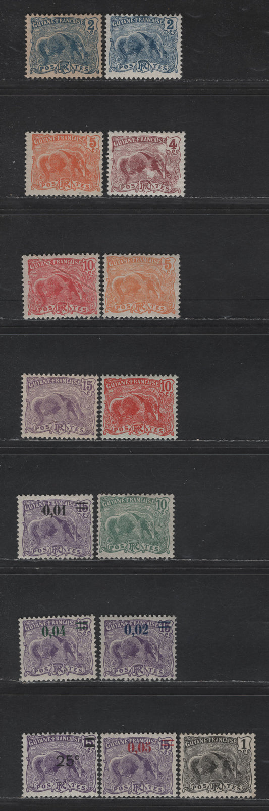 Lot 73 French Guiana SC#51-53, 56-59, 94-97, 100 1c - 25c on 15c Black - Violet Great Anteater, 1905-1928 Pictorial Definitive Issues, 15 F/VFOG Singles, Additional Shade Varieties, Line Of Discoloration on 10c Rose Which Is Not A Cancel