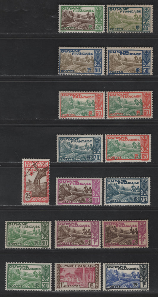Lot 74 French Guiana SC#117-118, 120, 122, 124, 126-129, 131, 133, 140 25c - 1.40fr Dark Red & Dark Brown - Olive Brown & Red Violet Carib Archer - Government Building, Cayenne, 1929-1940 Pictorial Issue, 13 F/VFOG Singles, Some Shade Variations