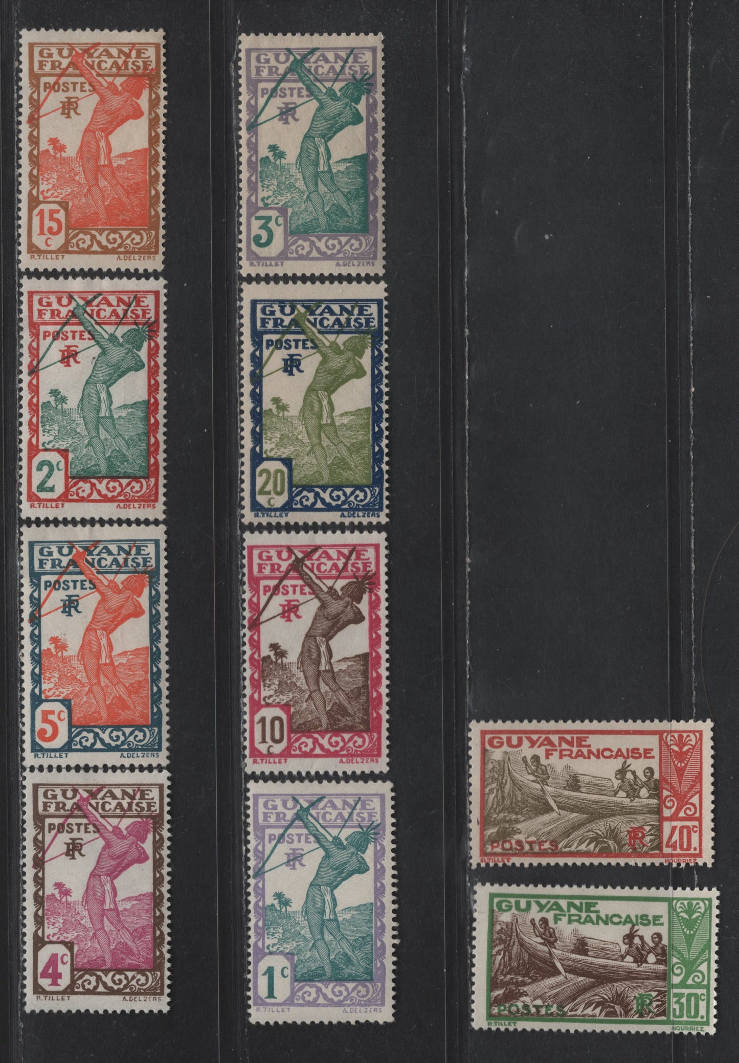 Lot 75 French Guiana SC#109-116, 119, 121 1c - 40c Gray Lilac & Greenish - Orange Brown & Olive Gray Carib Archer - Shooting Rapids Maroni River, 1929-1940 Pictorial Issue, 10 F/VFOG Singles