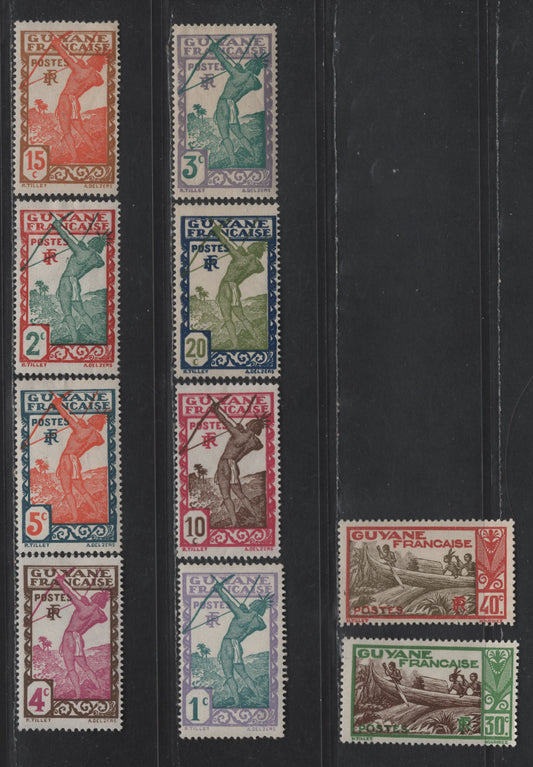 Lot 75 French Guiana SC#109-116, 119, 121 1c - 40c Gray Lilac & Greenish - Orange Brown & Olive Gray Carib Archer - Shooting Rapids Maroni River, 1929-1940 Pictorial Issue, 10 F/VFOG Singles