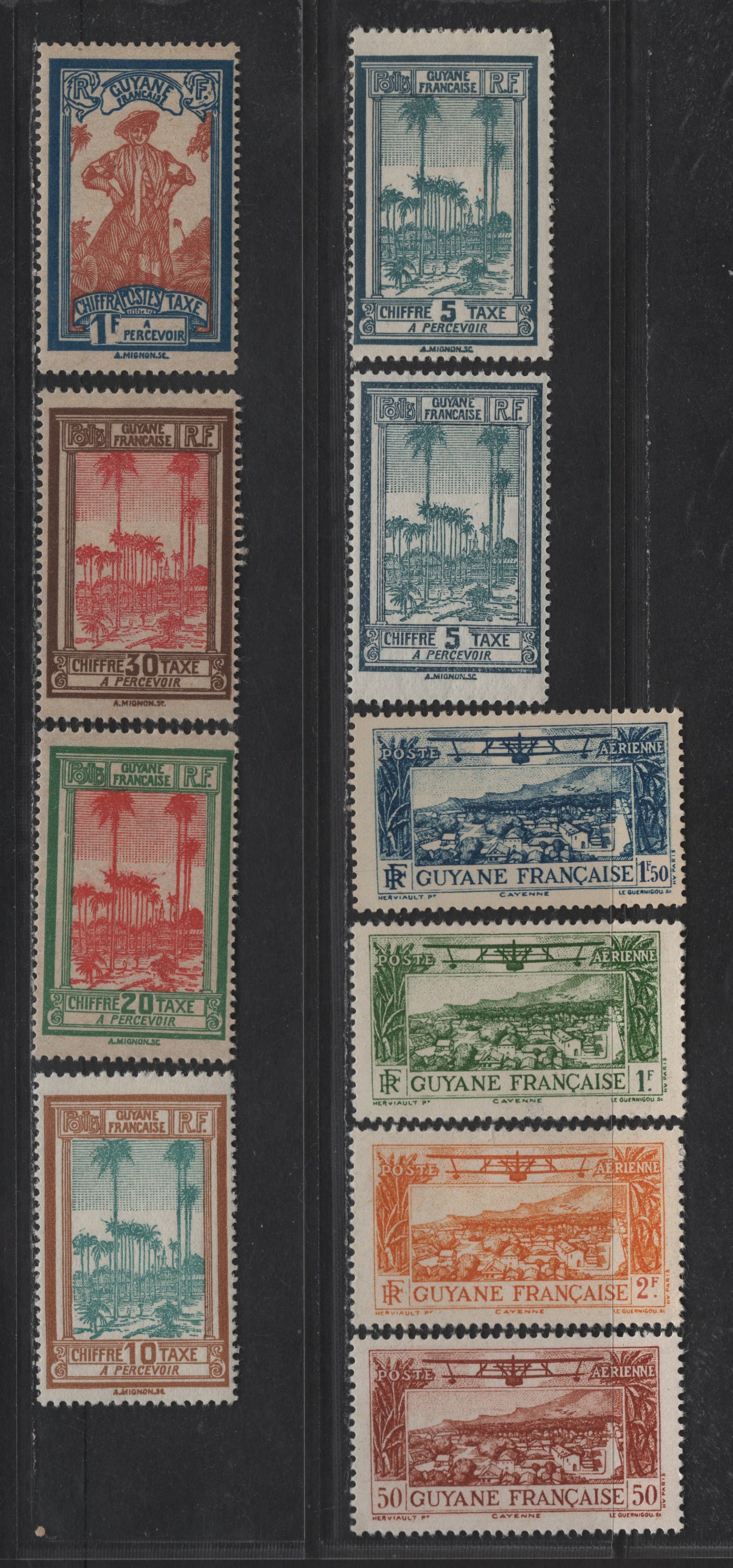 Lot 76 French Guiana SC#C1-C4, J13-J16, J19 50c - 1fr Orange Brown - Blue & Orange Brown Cayenne - Guiana Girl, 1929-1933 Airmail - Postage Due Issues, 10 VFOG Singles