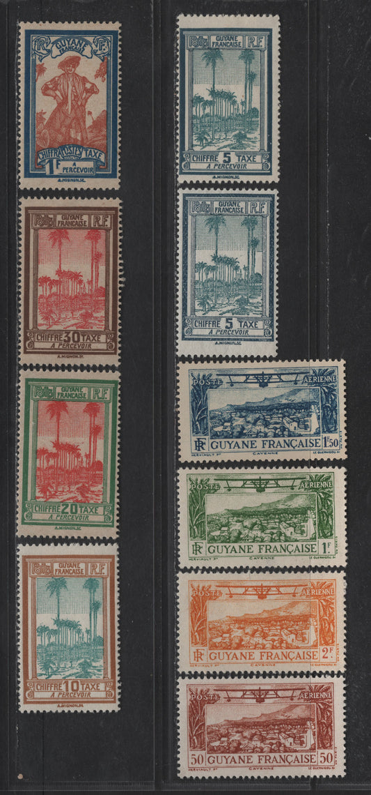 Lot 76 French Guiana SC#C1-C4, J13-J16, J19 50c - 1fr Orange Brown - Blue & Orange Brown Cayenne - Guiana Girl, 1929-1933 Airmail - Postage Due Issues, 10 VFOG Singles
