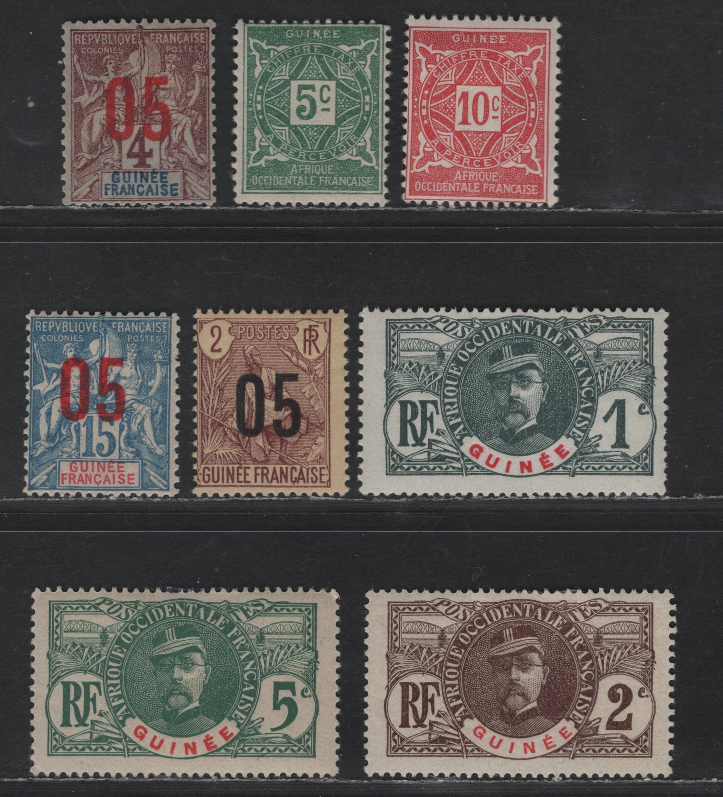 Lot 78 French Guinea SC#33-34, 36, 49-50, 55, J16-J17 1c - 10c Gray - Rose Gen. Louis Faidherbe - Numeral, 1906-1914 Pictorial & Postage Due Issues, 8 F/VFOG Singles
