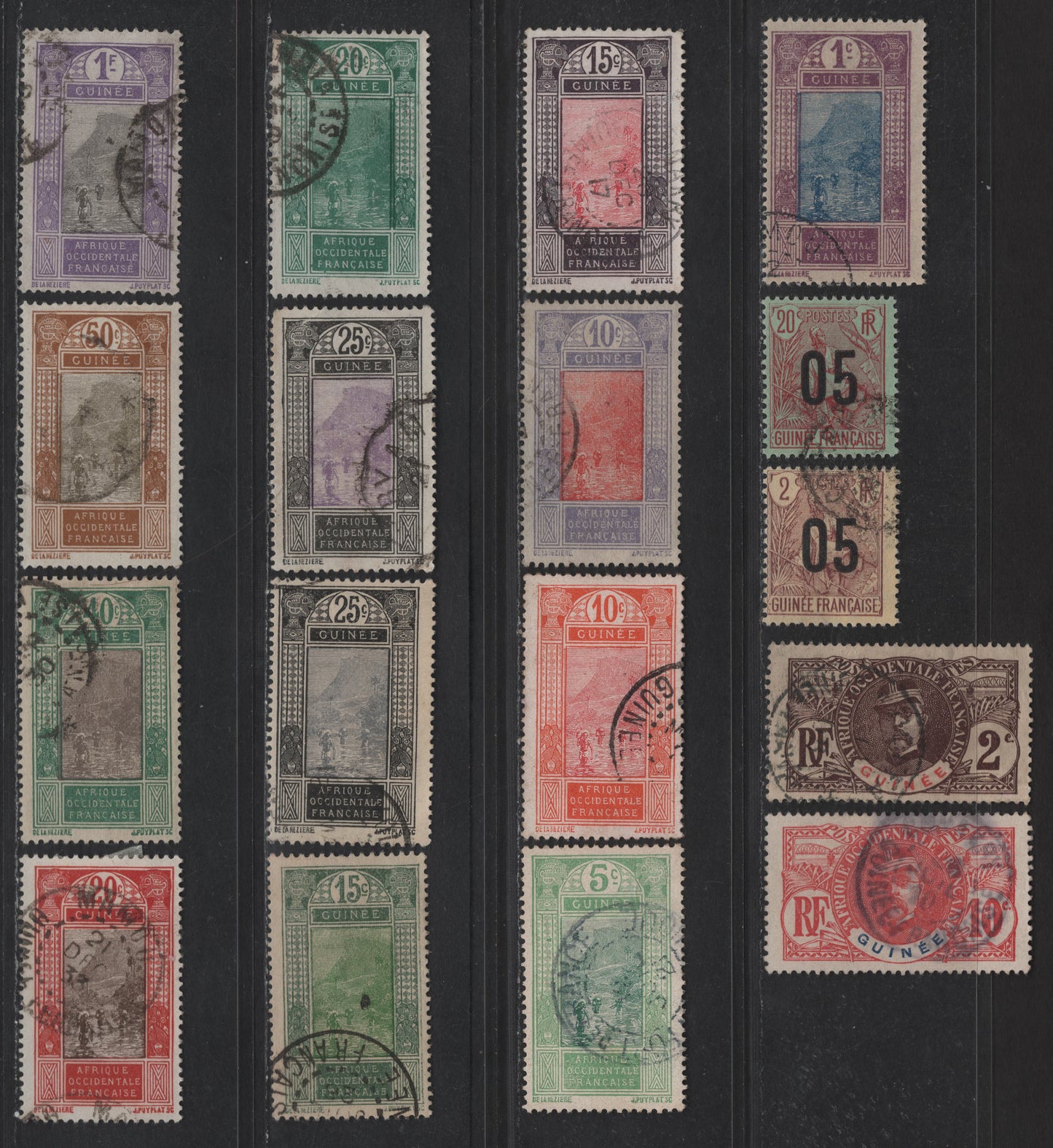 Lot 79 French Guinea SC#34, 37, 55, 58, 63, 66b, 68b, 70, 71-72, 75-78, 84, 88, 96 2c - 1fr Brown - Violet & Black Gen. Louis Faidherbe - Ford At Kitim, 1906-1933 Pictorial Issues, 17 Fine/Very Fine Used Singles
