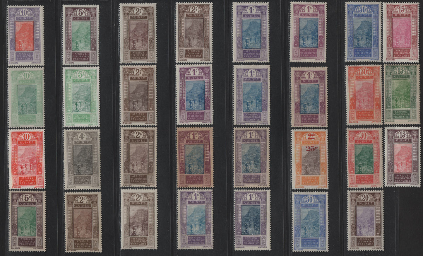 Lot 80 French Guinea SC#63-74, 66b, 68b, 80-81, 87, 106 1c - 25c on 2fr Violet & Blue - Orange & Brown Ford at Kitim, 1913-1933 Keyplate Definitive Issue, 17 F/VFOG Singles, Multiple Shades