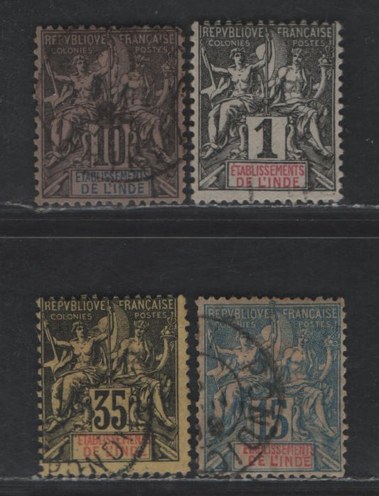 Lot 81 French India SC#1, 5, 7, 13 1c - 35c Black on Lilac Blue - Black on Yellow Navigation & Commerce, 1892-1907 Pictorial Issue, 4 Fine Used Singles