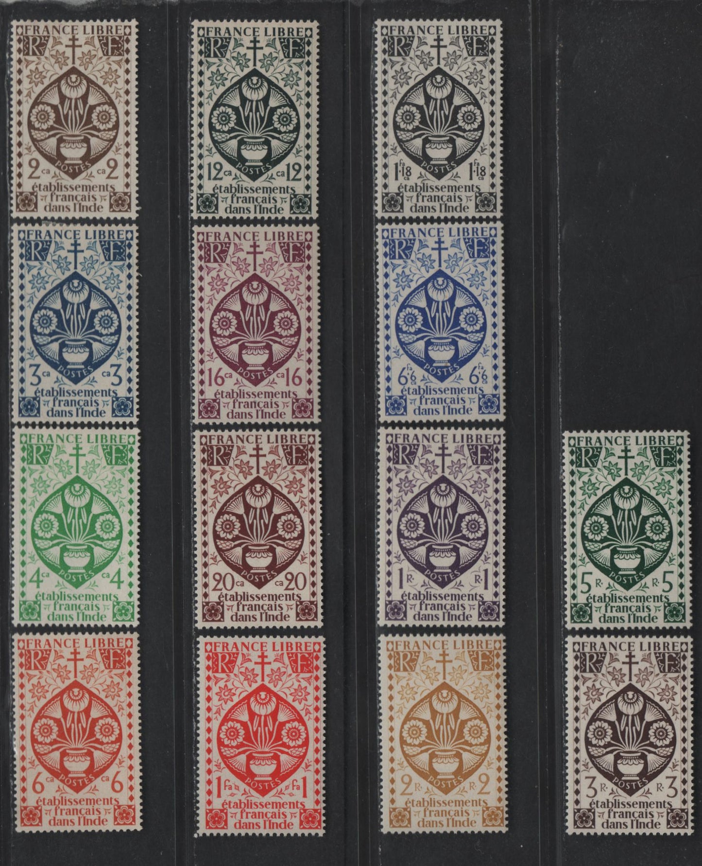 Lot 82 French India SC#143-156 2ca - 5r Brown - Dark Green Lotus Flowers, 1942 Definitive Issue, 14 VFOG Singles