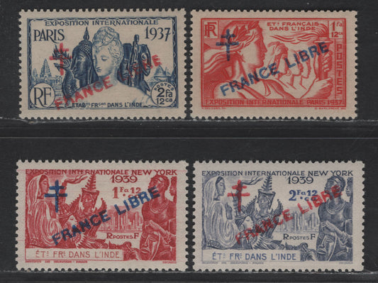 Lot 83 French India SC#180-183 1af12ca - 2fa12ca Vermillion - Chalky Blue France Libre Overprinted, 1942-1943 Overprinted Paris Expo & Worlds Fair Issues, 4 VFOG Singles