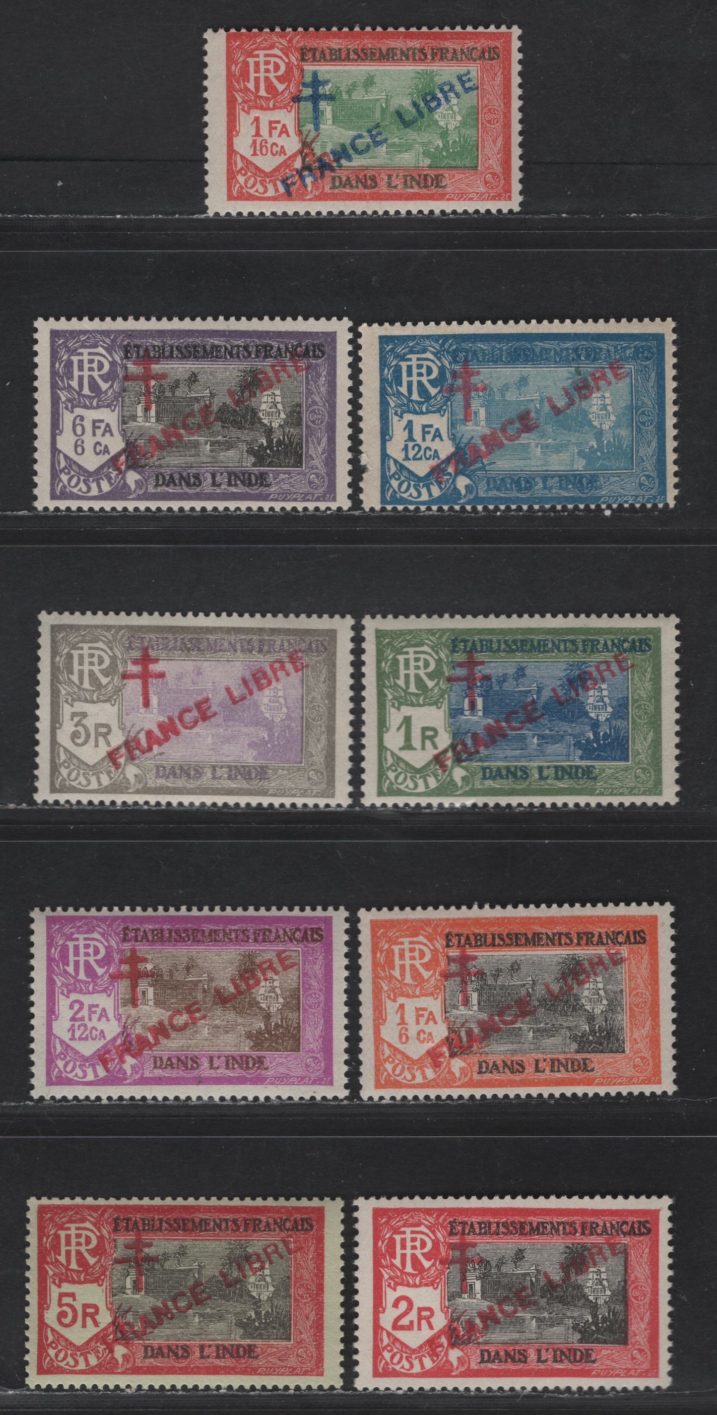 Lot 84 French India SC#166-168, 170-174, 176 1fa16ca - 5r Red & Green - Black & Carmine on Greenish Brahma - Kali Temple, 1942-1943 Overprinted Pictorial Issue, 9 F/VFOG/NH Singles, All Signed Bileski On Back