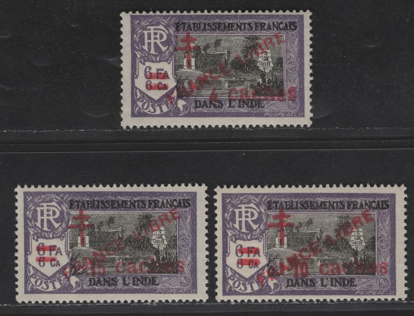 Lot 86 French India SC#192-194 4ca on 6fa6ca - 15ca on 6fa6ca Violet & Black Brahma, 1943 France Libre Overprints & Surcharges, 3 F/VFOG/NH Singles, 192 & 194 are NH