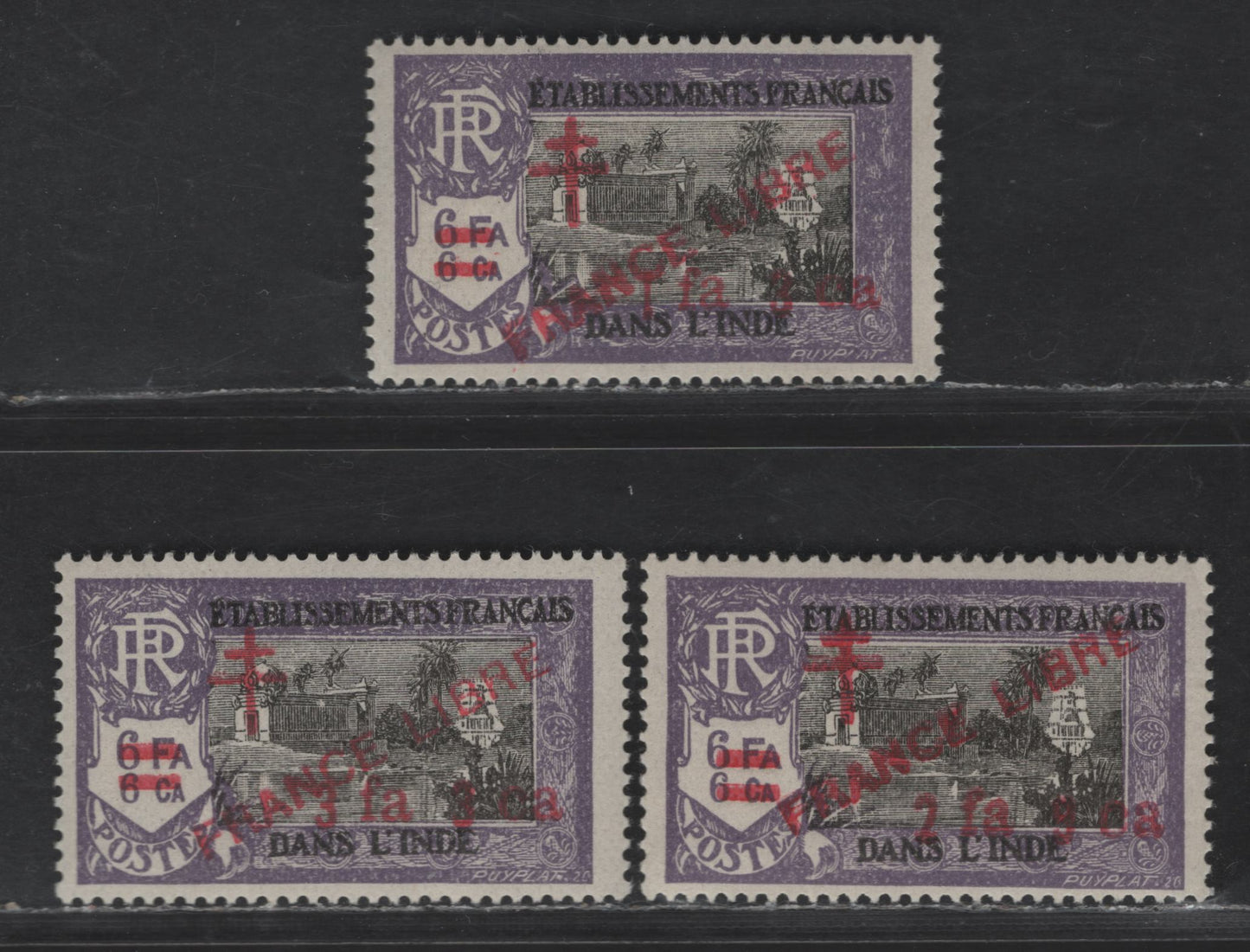 Lot 87 French India SC#195-197 1fa3ca - 3faca Violet & Black Brahma, 1943 France Libre Overprints & Surcharges, 3 F/VFNH/OG Singles