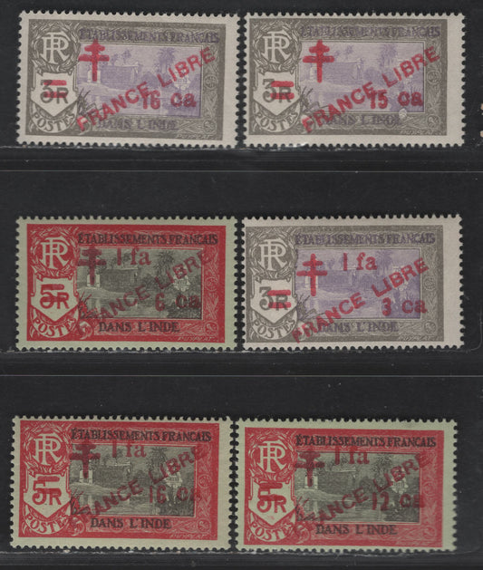 Lot 88 French India SC#204-209 15c on 3r - 1fa16c Gray & Violet - Black & Carmine on Greenish Brahma, 1943 France Libre Overprints & Surcharges, 6 F/VFOH/NH Singles