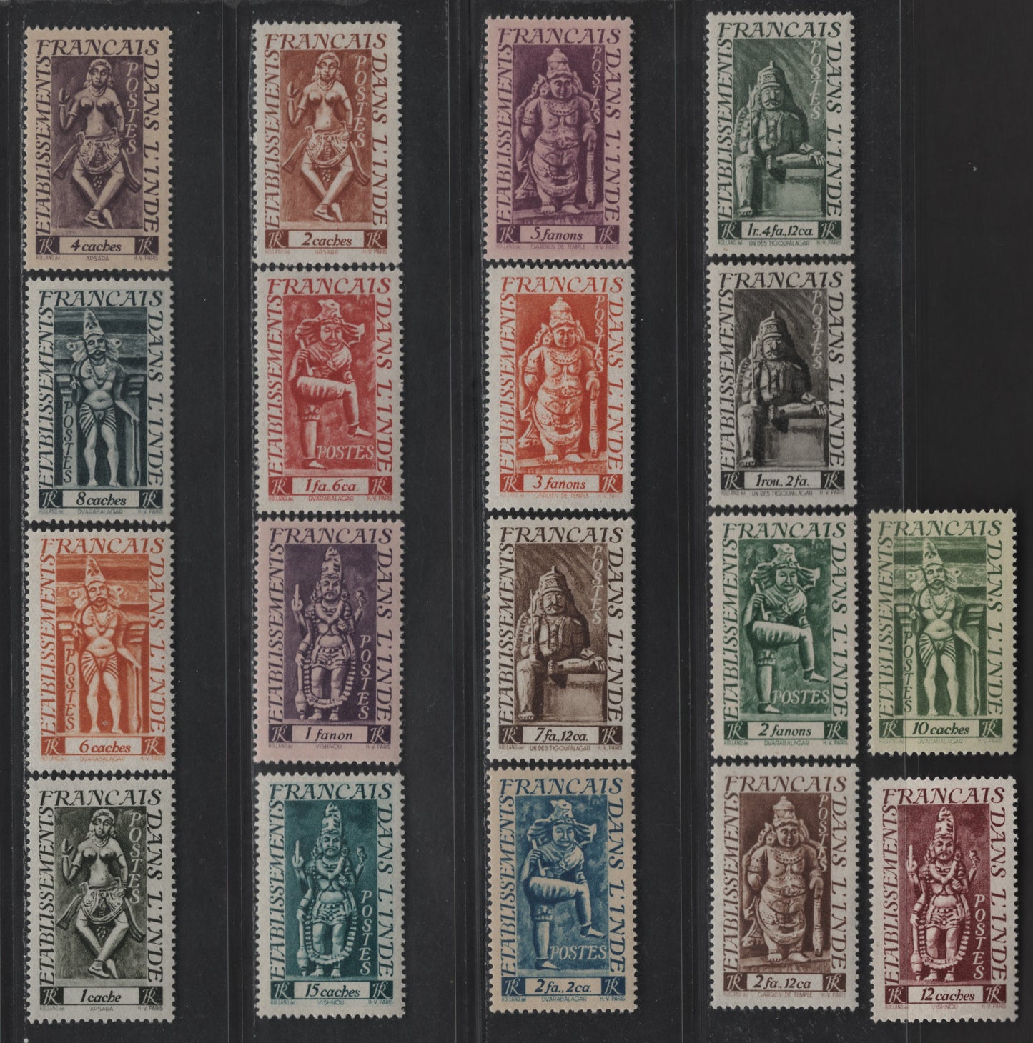 Lot 89 French India SC#212-229 1ca - 1r4fa12ca Dark Olive Green - Olive Green Apsaras, 1948 Figurine Definitive Issue, 18 VFOG Singles