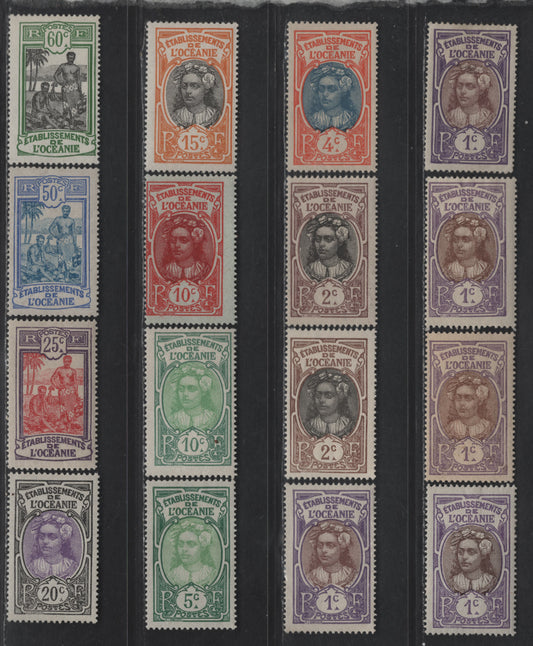 Lot 90 French Polynesia SC#21-24, 27-30, 34, 43, 45 1c - 60c Violet & Brown - Green & Black Tahitian Girl - Kanakas, 1913-1930 Pictorial Definitive Issue, 16 F/VFOG Singles, Shade Variations