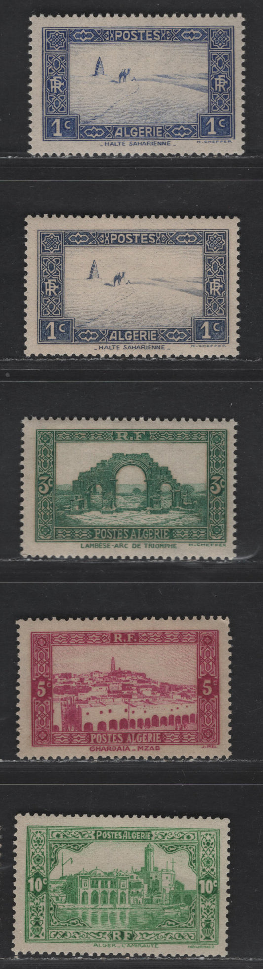 Lot 9 Algeria SC#79, 81-83 1c - 10c Ultramarine - Emerald Travel Across the Sahara - Admiralty Building, Algiers, 1936-1947 Engraved Pictorial Issue, 4 VFNH Singles