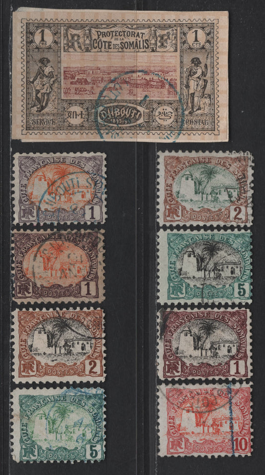 Lot 96 Somali Coast SC#6, 34-a, 35, 37-38, 49-50, 52 1c - 5c Black & Claret - Blue Green & Black View of Djibouti - Tadjoura Mosque, 1894-1903 Djibouti Views - Bicolored Definitive Issues, 9 Fine/Very Fine Used Imperf & Sheet Singles