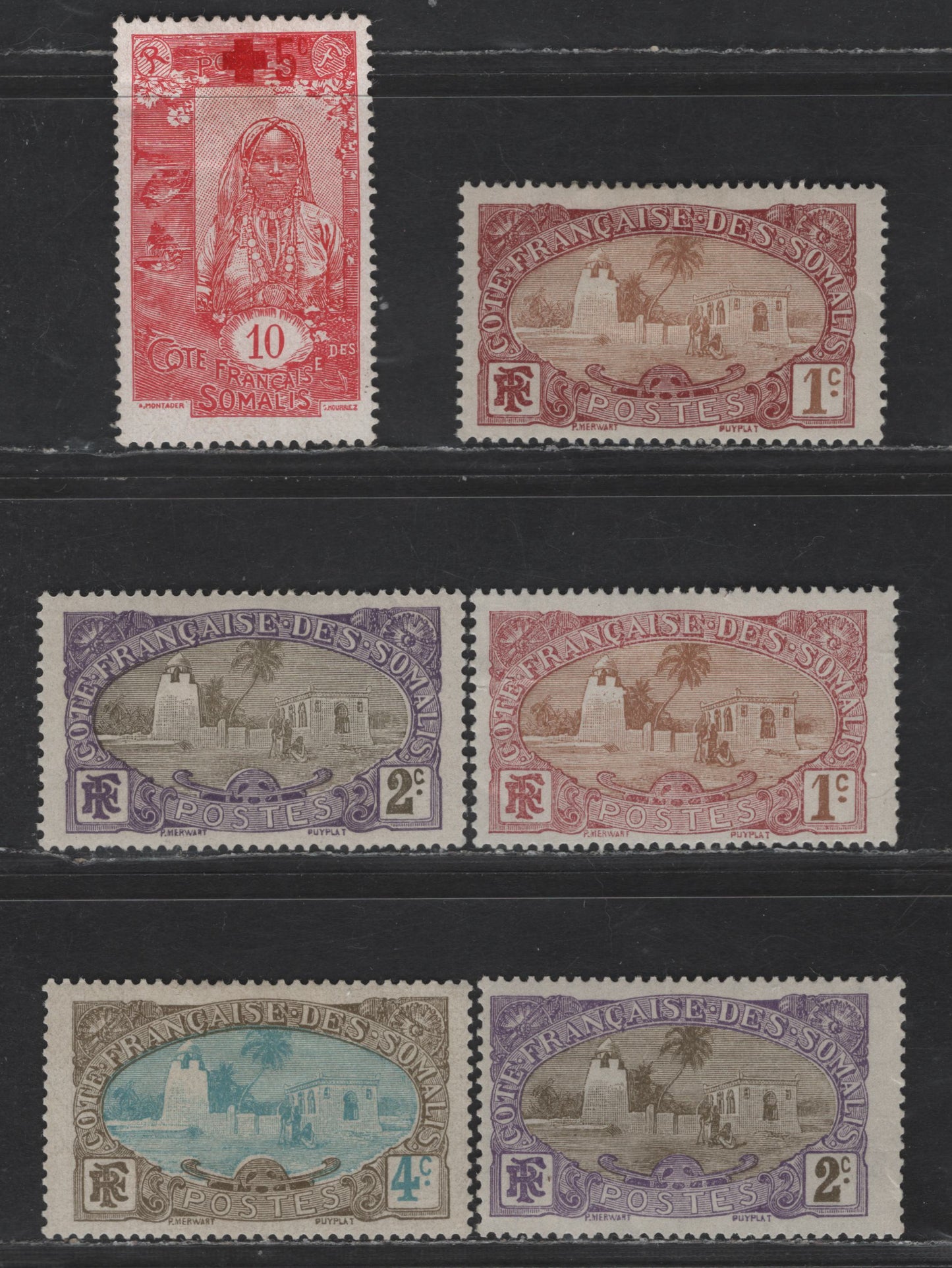 Lot 97 Somali Coast SC#64-66, B1 1c - 4c Maroon & Brown - Olive Gray & Bkue Tadjoura Mosque - Somali Girl, 1909-1913 Pictorial Keyplate & Semi Postal Issues, 6 VFOG Singles