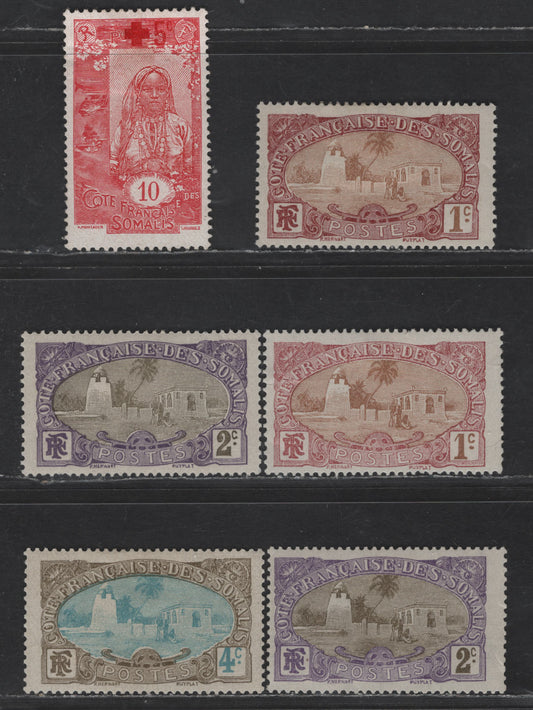 Lot 97 Somali Coast SC#64-66, B1 1c - 4c Maroon & Brown - Olive Gray & Bkue Tadjoura Mosque - Somali Girl, 1909-1913 Pictorial Keyplate & Semi Postal Issues, 6 VFOG Singles