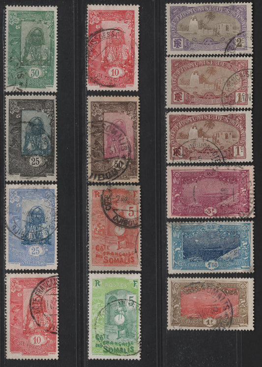 Lot 98 Somali Coast SC#64-65, 83-85, 92, 94, 97, 103, 111a, 116a, 117, 144 1c - 3fr Maroon & Brown - Red Violet Tadjoura Mosque - Addis Ababa Railroad Bridge, 1909-1933 Pictorial Defintives, 15 Fine/Very Fine Used Singles, Ordinary & Chalky Papers