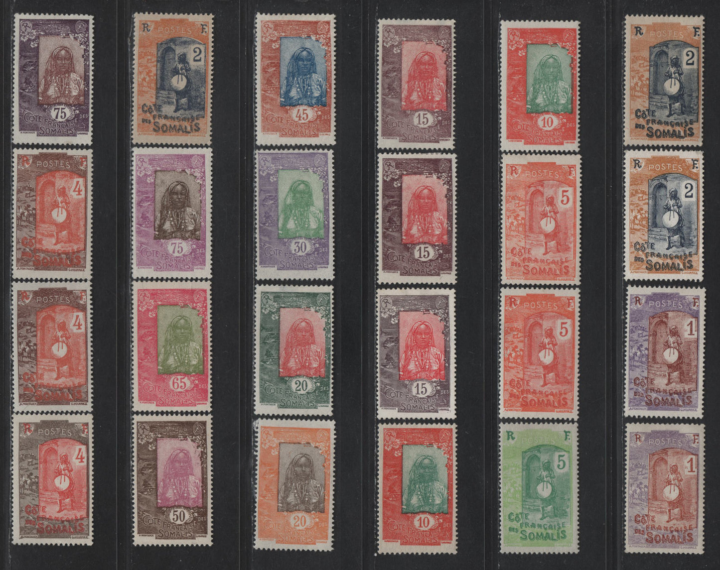 Lot 99 Somali Coast SC#80a-82a, 83, 84a, 87, 88, 88a, 89a, 91, 96, 100, 103, 105-106, 108, 114 1c - 1.50fr Bright Violet & Red Brown 0 Light & Dark Blue Drummer - Addis Ababa Railroad Bridge, 1915-1933 Pictorial Definitives, 38 F/VFOG Singles
