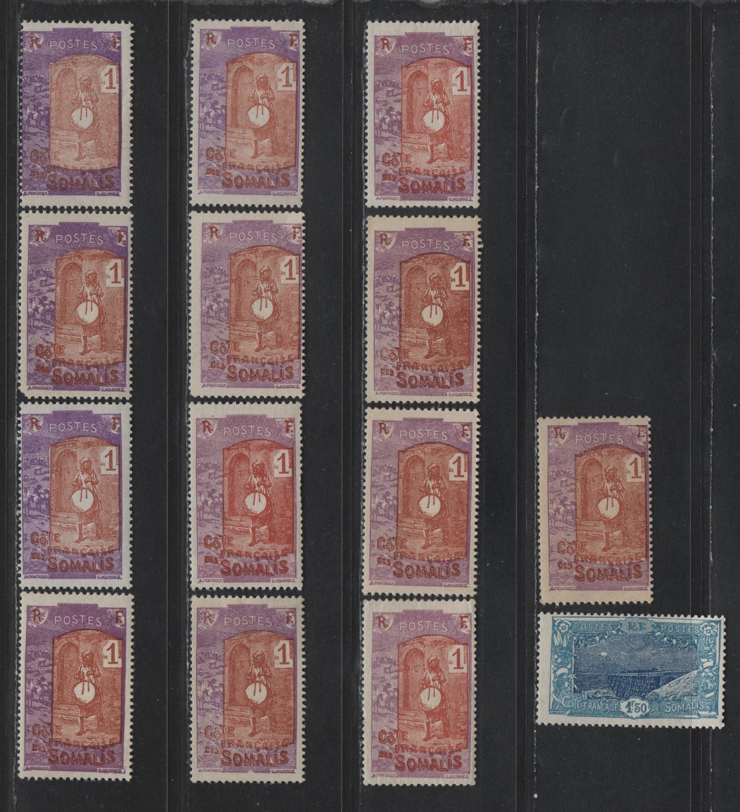 Lot 99 Somali Coast SC#80a-82a, 83, 84a, 87, 88, 88a, 89a, 91, 96, 100, 103, 105-106, 108, 114 1c - 1.50fr Bright Violet & Red Brown 0 Light & Dark Blue Drummer - Addis Ababa Railroad Bridge, 1915-1933 Pictorial Definitives, 38 F/VFOG Singles
