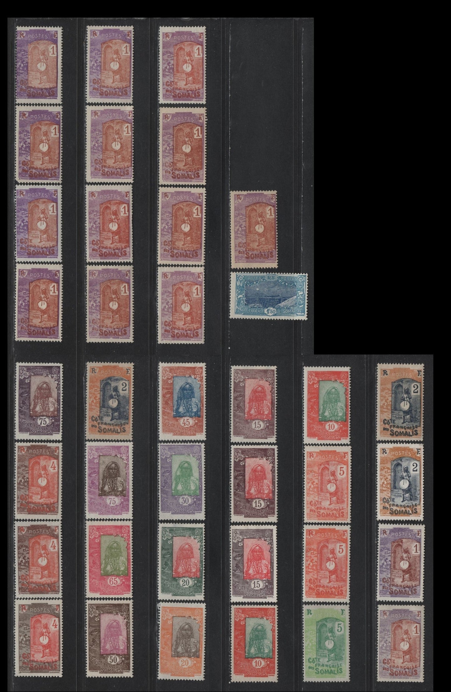 Lot 99 Somali Coast SC#80a-82a, 83, 84a, 87, 88, 88a, 89a, 91, 96, 100, 103, 105-106, 108, 114 1c - 1.50fr Bright Violet & Red Brown 0 Light & Dark Blue Drummer - Addis Ababa Railroad Bridge, 1915-1933 Pictorial Definitives, 38 F/VFOG Singles