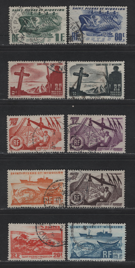 Lot 100 St Pierre & Miquelon SC#329/341 80c - 20f Bright Ultramarine - Vermillion Fishing Industry - Storm-Swept Coast, 1947 Pictorial Issue, 10 Very Fine Used Singles