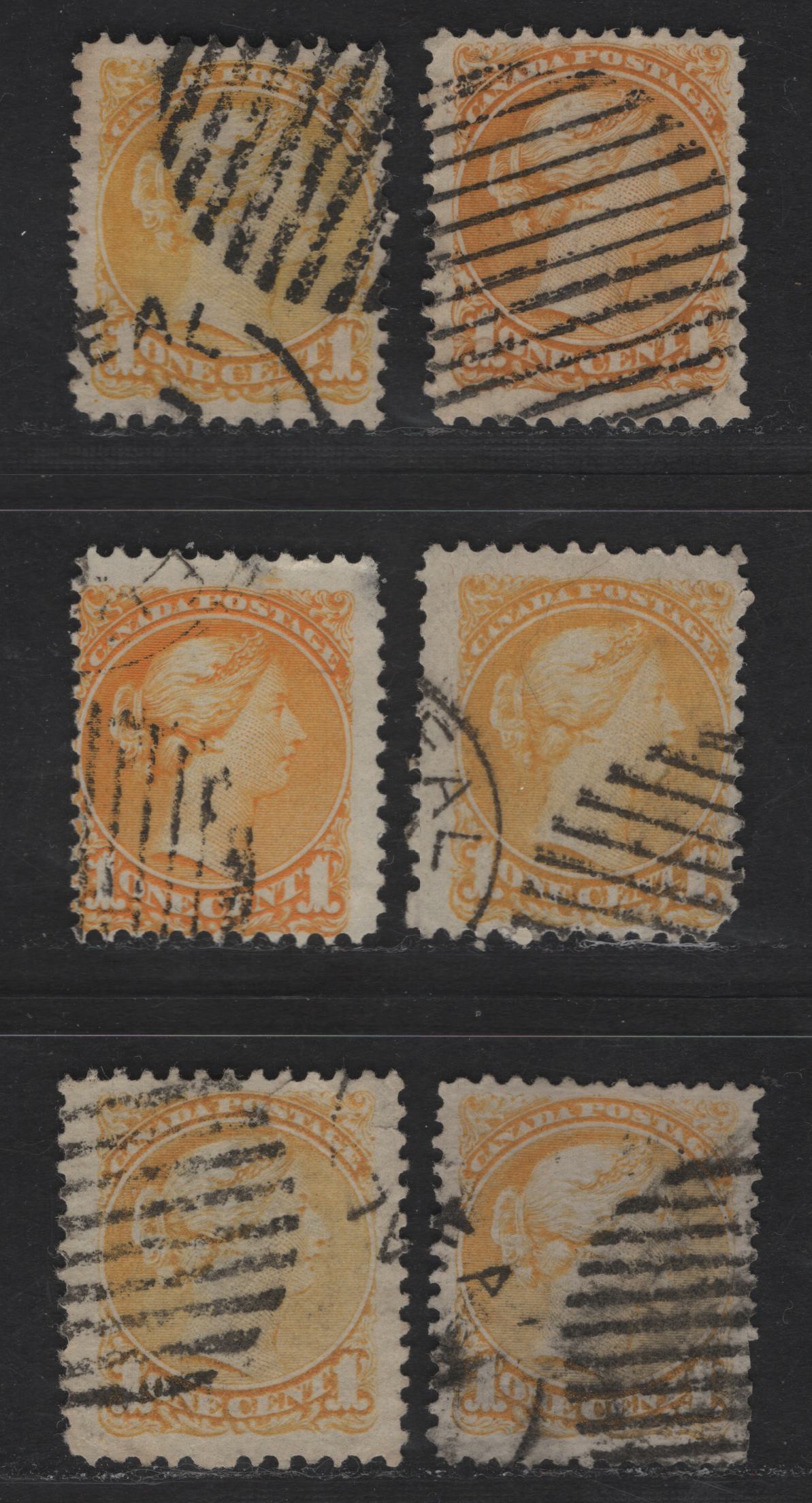 Lot 10 Canada #35iii, 35vii 1c Bright Yellow, Pale Dull Yellow, Ochre Yellow & Bright Lemon Yellow Queen Victoria, 1870-1893 Small Queen Issue, 6 Very Good Used Singles, Mid Montreal Printings, Paper Types MM-F & MM-B, Perf 11.75x12