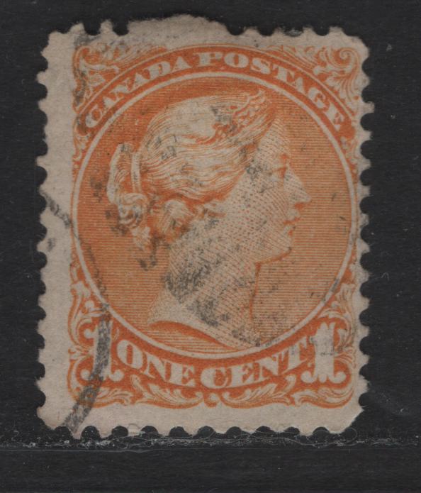 Lot 1 Canada #35d 1c Yellow Orange Queen Victoria, 1870-1893 Small Queen Issue, A Fine Used Single, Mid Montreal Printing, Paper Type MM-G, Perf 11.7x12