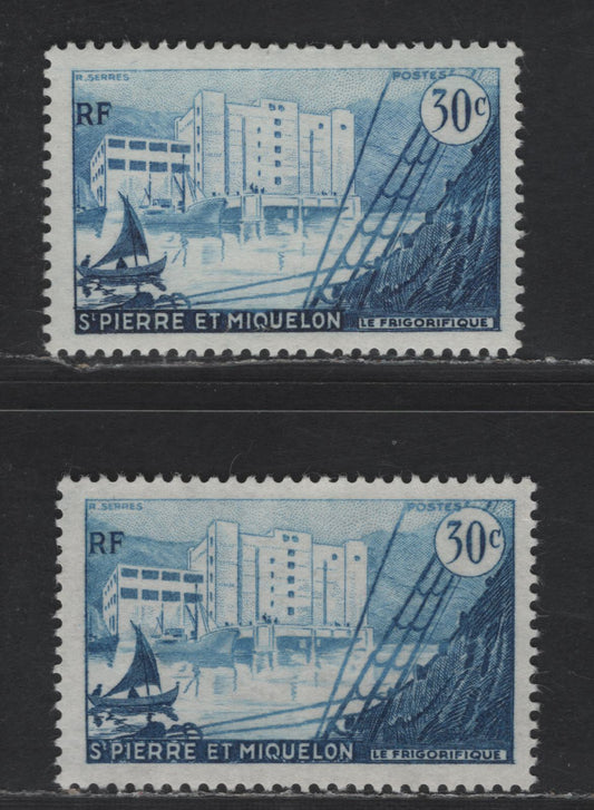 Lot 101 St Pierre & Miquelon SC#346 30c Ultramarine & Dark Blue Fish Freezing Plant, 1955-1956 Definitive Issue, 2 VFNH Singles, Dull & High Fluorescent Paper, Unlisted In Scott