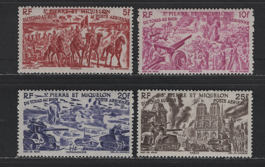 Lot 104 St Pierre & Miquelon SC#C9/C13 5f - 25fr Brown Red - Chocolate Chad to Rhine, 1946 Airmail Issue, 4 VFOG Singles