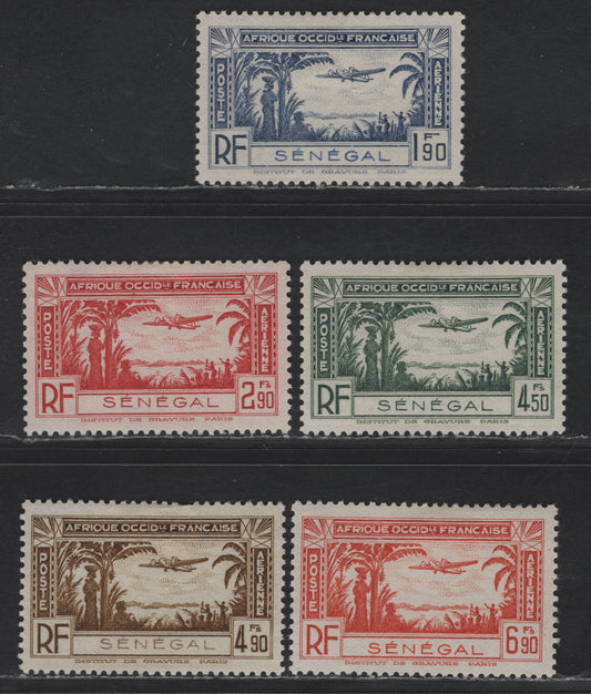 Lot 105 Senegal SC#C12-C16 1.90fr - 6.90fr Ultramarine - Deep Orange Airplane, 1940 Airmail Issue, 5 VFOG Singles