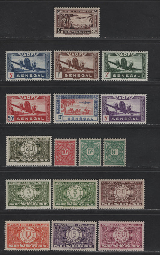 Lot 106 Senegal SC#C1, C17-C20, J22-J27, J12-J13 25c - 50c Dark Brown - Rose Lilac Landscape - Numeral, 1935 Airmail - Postage Dues, 17 VFOG Singles
