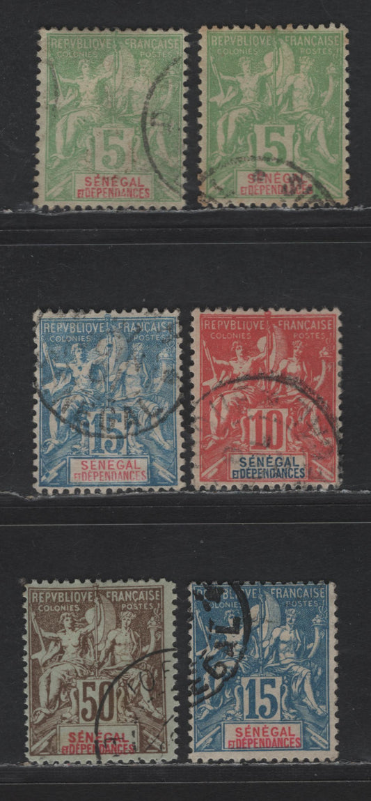 Lot 107 Senegal SC#39, 41-42, 50 5c - 50c Yellow Green - Brown on Azure Navigation & Commerce, 1892-1900 Pictorial Issue, 6 Fine/Very Fine Used Singles