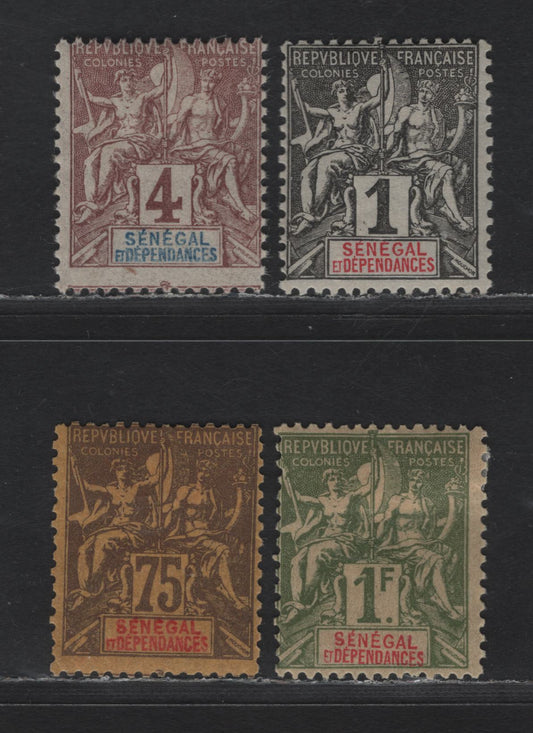 Lot 108 Senegal SC#35, 37, 51-52 1c - 1fr Black on Lilac Blue - Bronze Green on Straw Navigation & Commerce, 1892-1900 Pictorial Issue, 4 FOG Singles